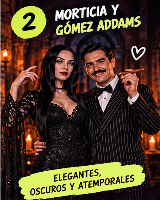 2. Morticia y Gómez Addams: elegantes, oscuros y atemporales.